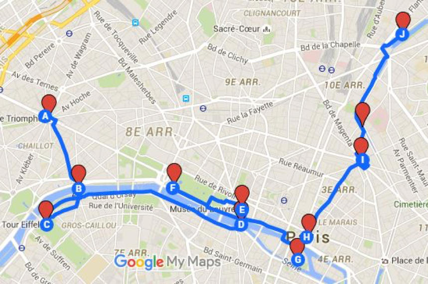 Carte avec itinéraire dans Paris
