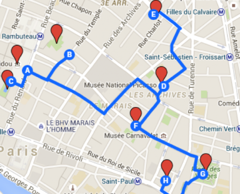 Carte avec itinéraire dans Paris (3e jour)